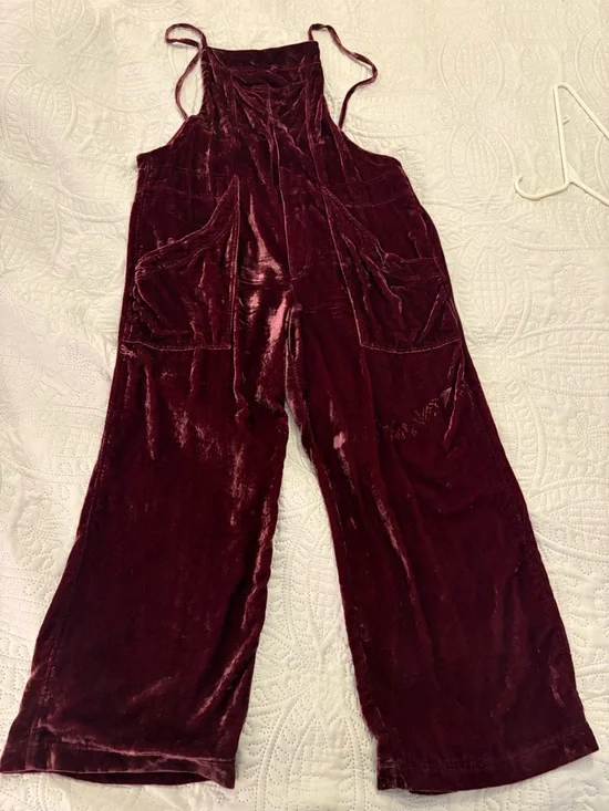 Free People Velvet Jumpsuit Wide Leg Burgundy Boho Overalls Adjustable Large - Picture 8 of 11